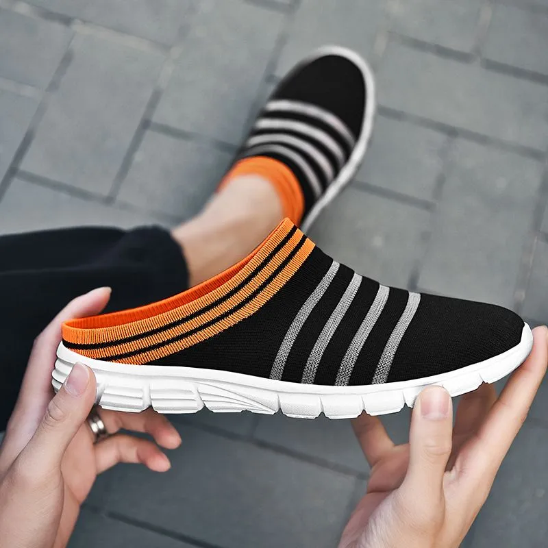Men's Striped Print Black Mule Sneakers Casual Breathable Non-Slip Clogs
