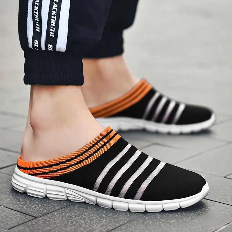Men's Striped Print Black Mule Sneakers Casual Breathable Non-Slip Clogs