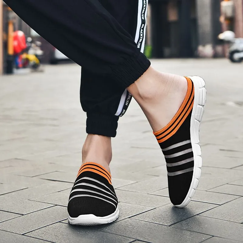Men's Striped Print Black Mule Sneakers Casual Breathable Non-Slip Clogs