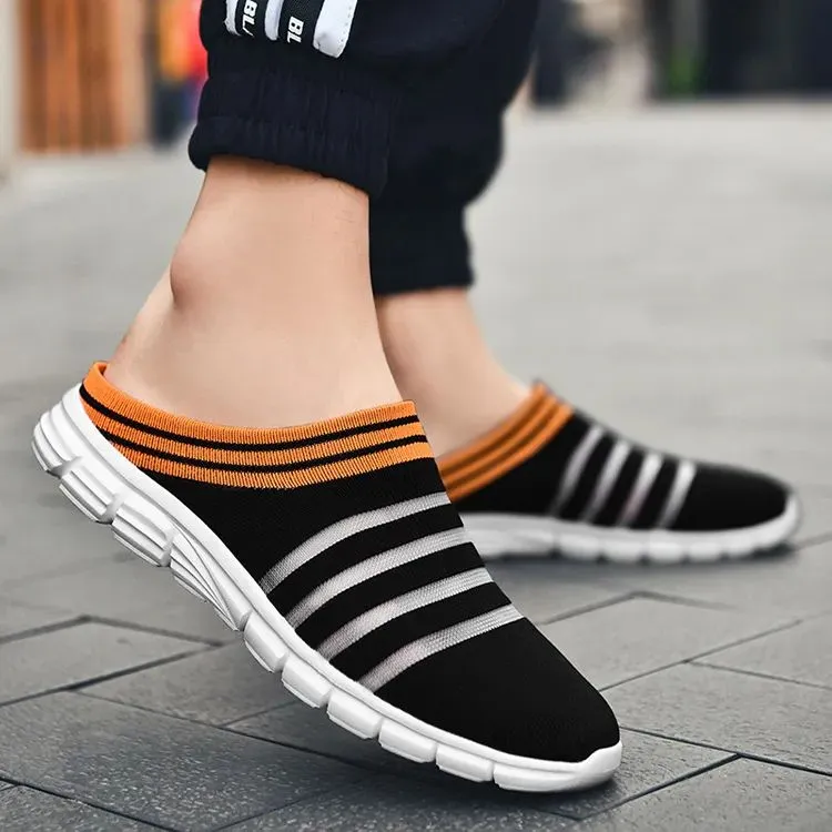 Men's Striped Print Black Mule Sneakers Casual Breathable Non-Slip Clogs