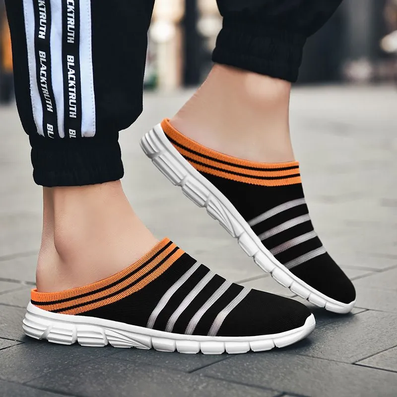 Men's Striped Print Black Mule Sneakers Casual Breathable Non-Slip Clogs