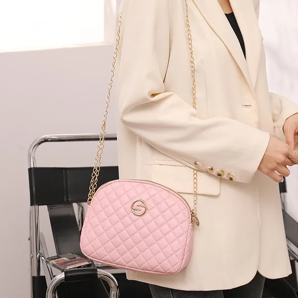 Trendy Black Quilted Design Chain Decor Shoulder Bag Mini Size Zip Closure Shoulder Bag