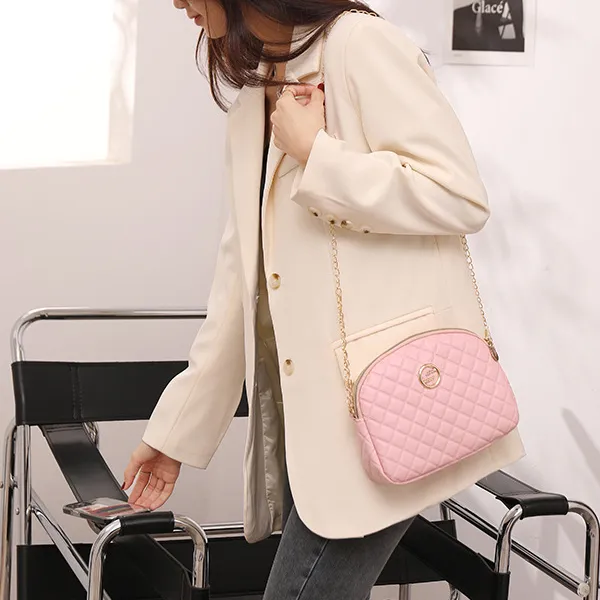 Trendy Black Quilted Design Chain Decor Shoulder Bag Mini Size Zip Closure Shoulder Bag