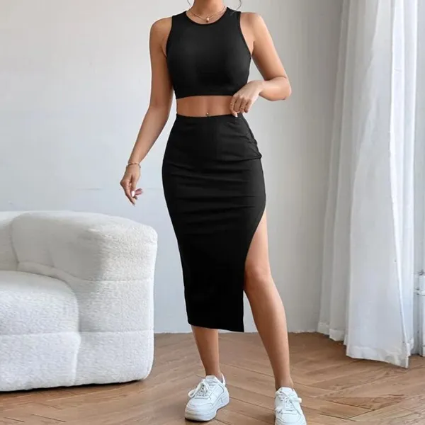 Fashionable Round Neck Sleeveless Crop Elastic Waist Split Hem Midi Skirt Two Pieces Matching Set