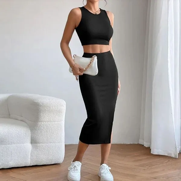 Fashionable Round Neck Sleeveless Crop Elastic Waist Split Hem Midi Skirt Two Pieces Matching Set