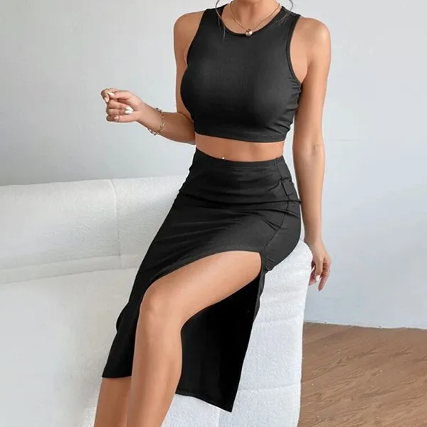 Fashionable Round Neck Sleeveless Crop Elastic Waist Split Hem Midi Skirt Two Pieces Matching Set