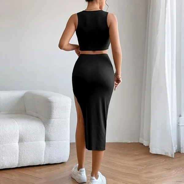 Fashionable Round Neck Sleeveless Crop Elastic Waist Split Hem Midi Skirt Two Pieces Matching Set