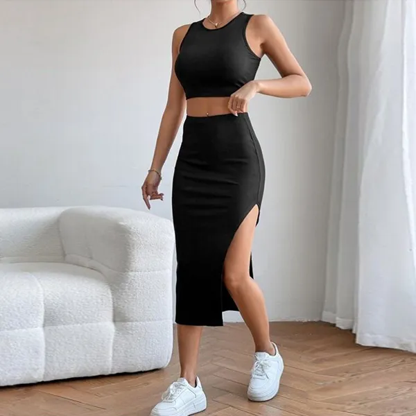 Fashionable Round Neck Sleeveless Crop Elastic Waist Split Hem Midi Skirt Two Pieces Matching Set