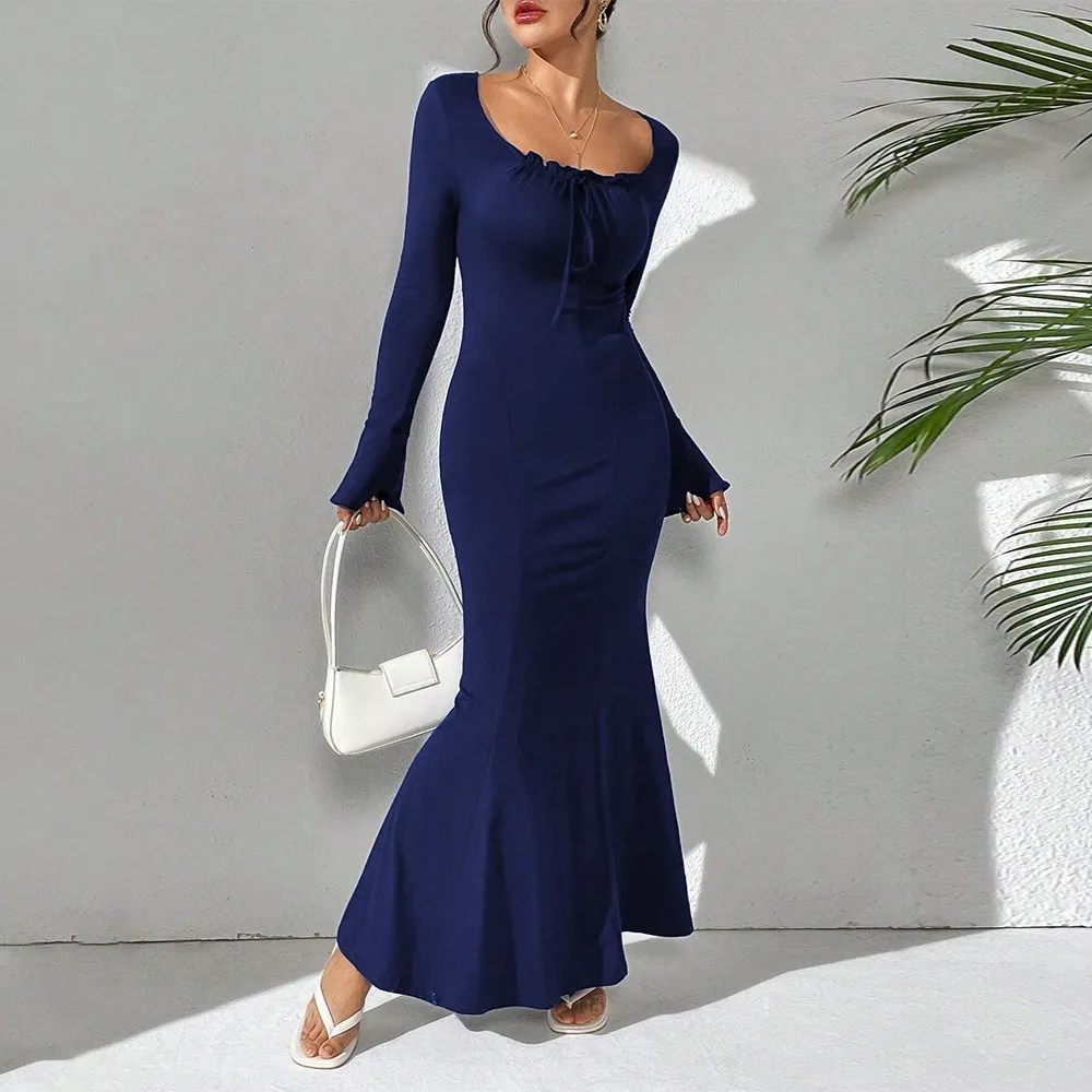 Elegant Long Sleeve Navy Maxi Dress