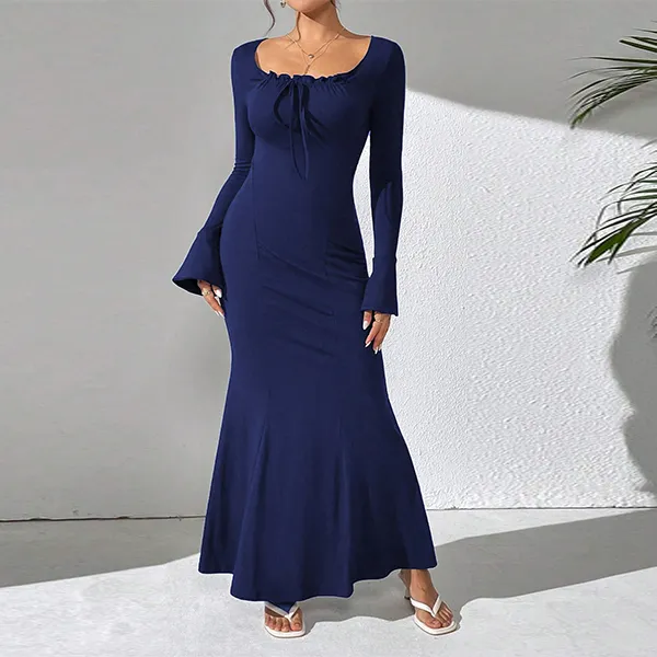 Elegant Long Sleeve Navy Maxi Dress