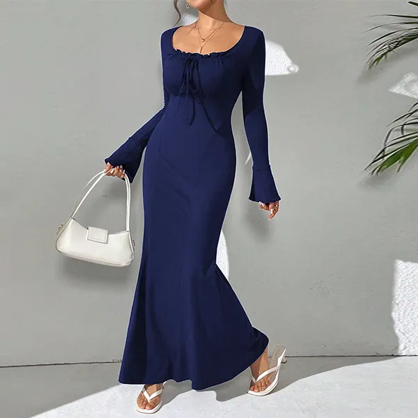 Elegant Long Sleeve Navy Maxi Dress