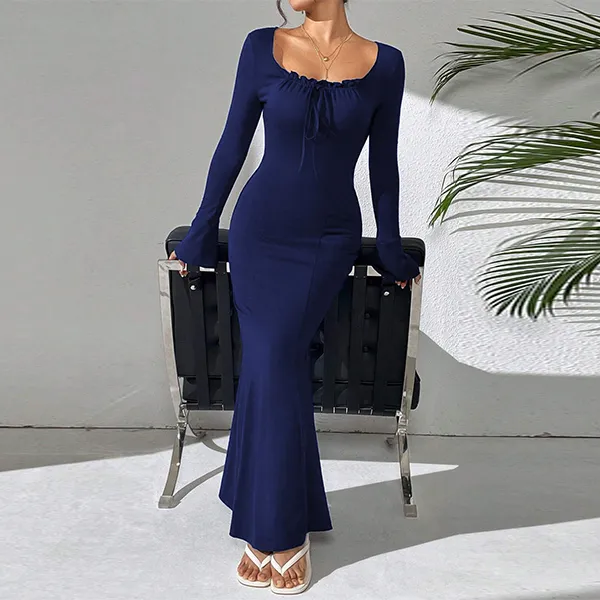 Elegant Long Sleeve Navy Maxi Dress