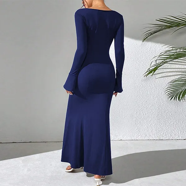 Elegant Long Sleeve Navy Maxi Dress