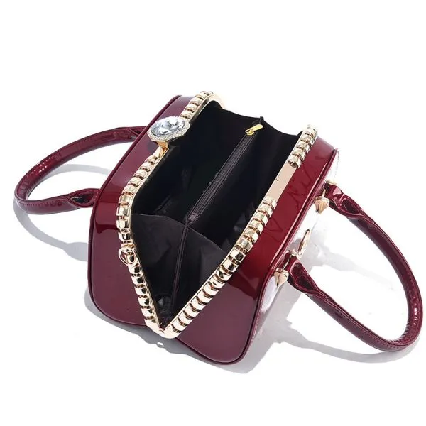 Glossy Burgundy Handbag With Chain Detail