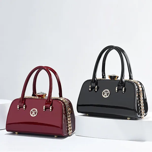 Glossy Burgundy Handbag With Chain Detail