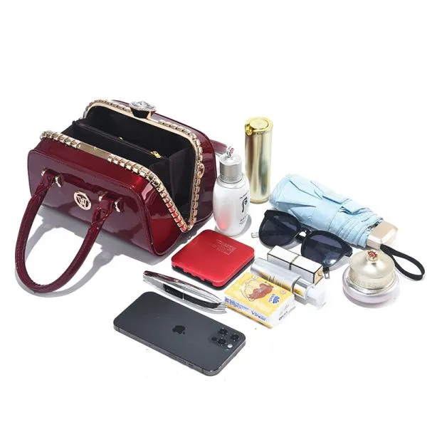Glossy Burgundy Handbag With Chain Detail