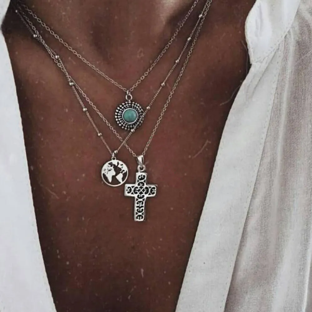 Six Pieces Multi Layered Bohemian Style Pendant Necklace Set