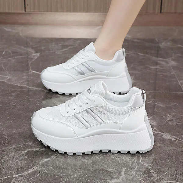 Stripes Design Lace-Up Chunky Platform Style Women Sneakers