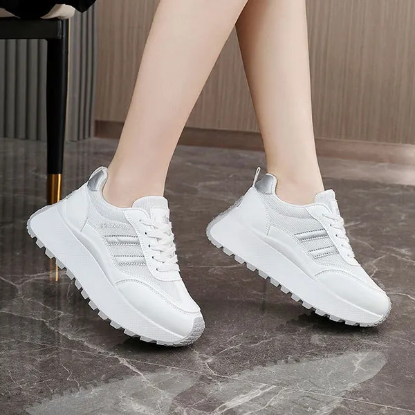Stripes Design Lace-Up Chunky Platform Style Women Sneakers