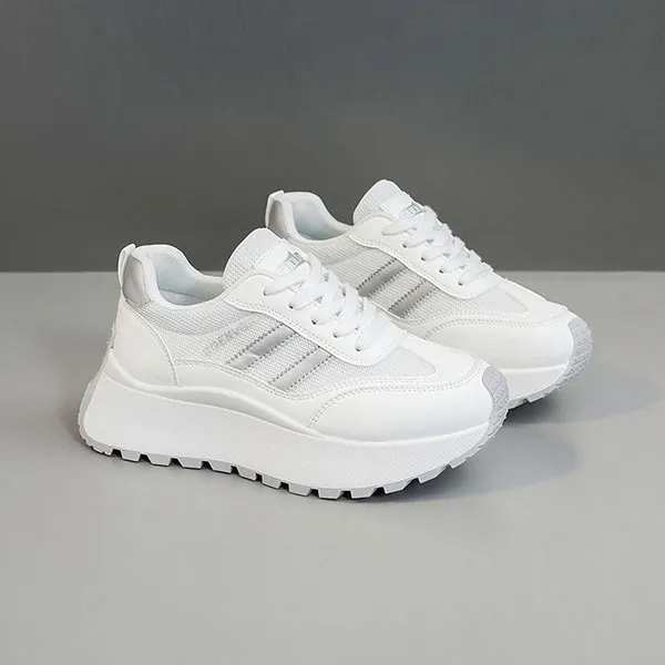 Stripes Design Lace-Up Chunky Platform Style Women Sneakers
