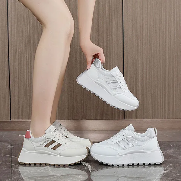 Stripes Design Lace-Up Chunky Platform Style Women Sneakers