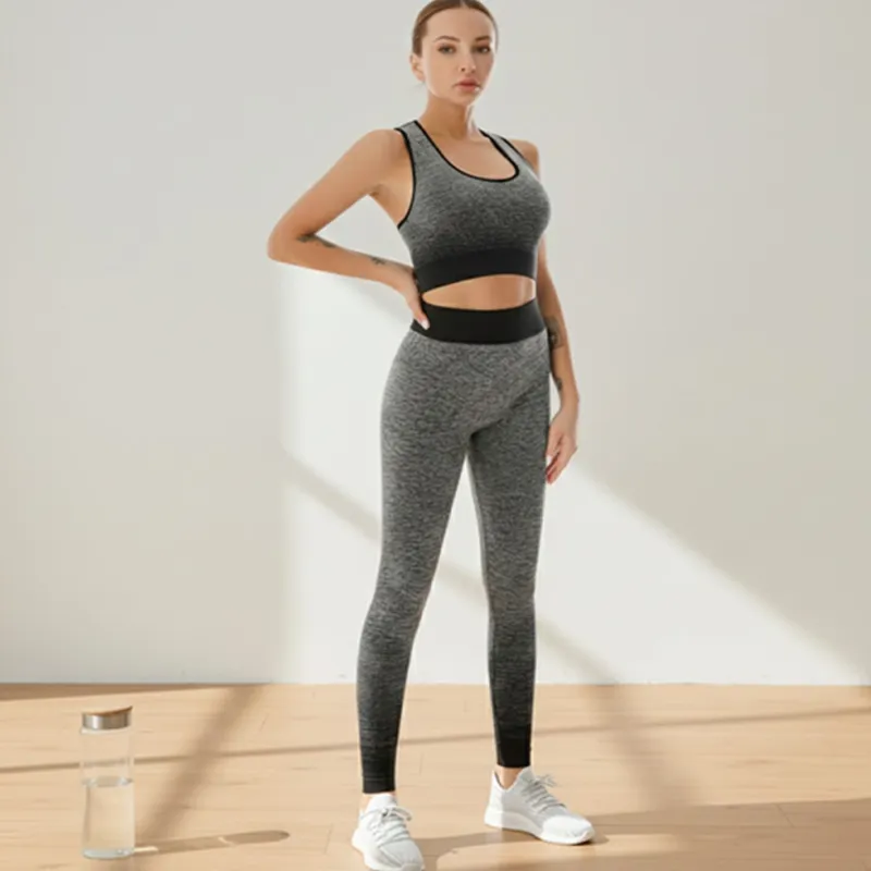 High-waisted Seamless Gym Leggings Crop Top Set Gradient Yoga Outfit Two-piece Workout Set