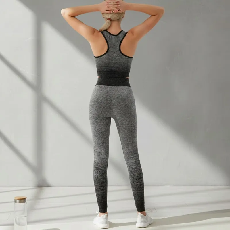 High-waisted Seamless Gym Leggings Crop Top Set Gradient Yoga Outfit Two-piece Workout Set
