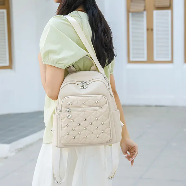 Stylish Quilted Diamond Pattern Large Capacity Zip Closure Travel Fashionable Backpack