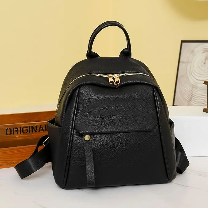 Fashionable Soft Leather Zip Closure Adjustable Strap Casual Travel Backpack