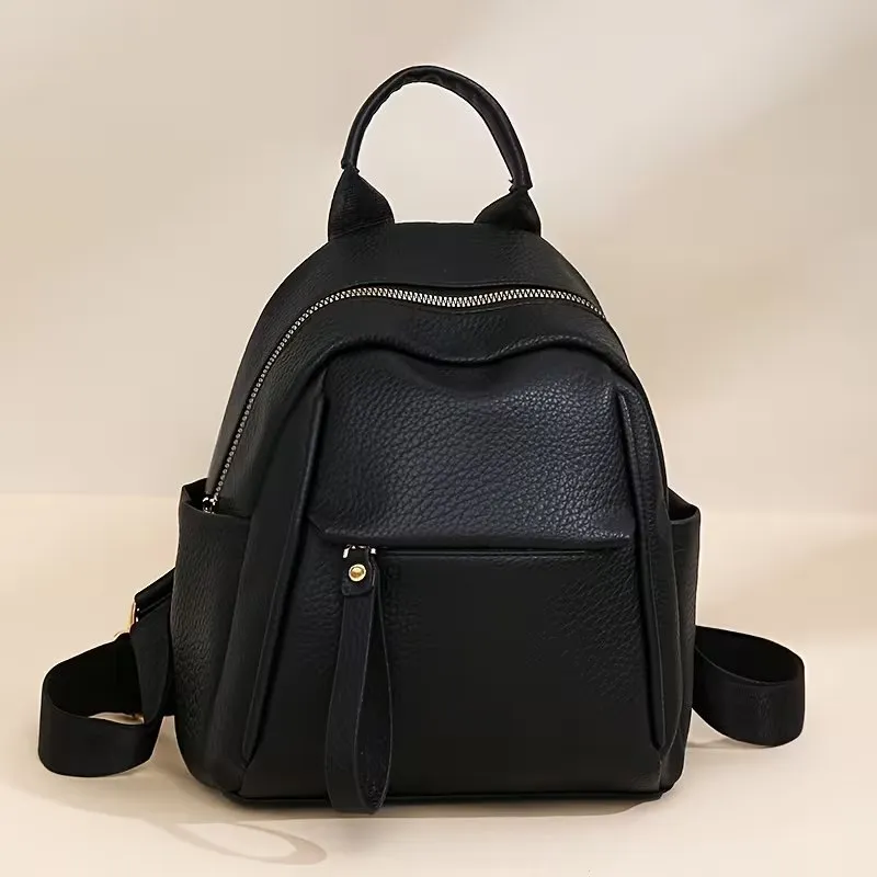 Fashionable Soft Leather Zip Closure Adjustable Strap Casual Travel Backpack