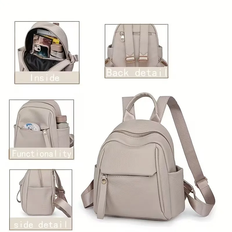 Fashionable Soft Leather Zip Closure Adjustable Strap Casual Travel Backpack