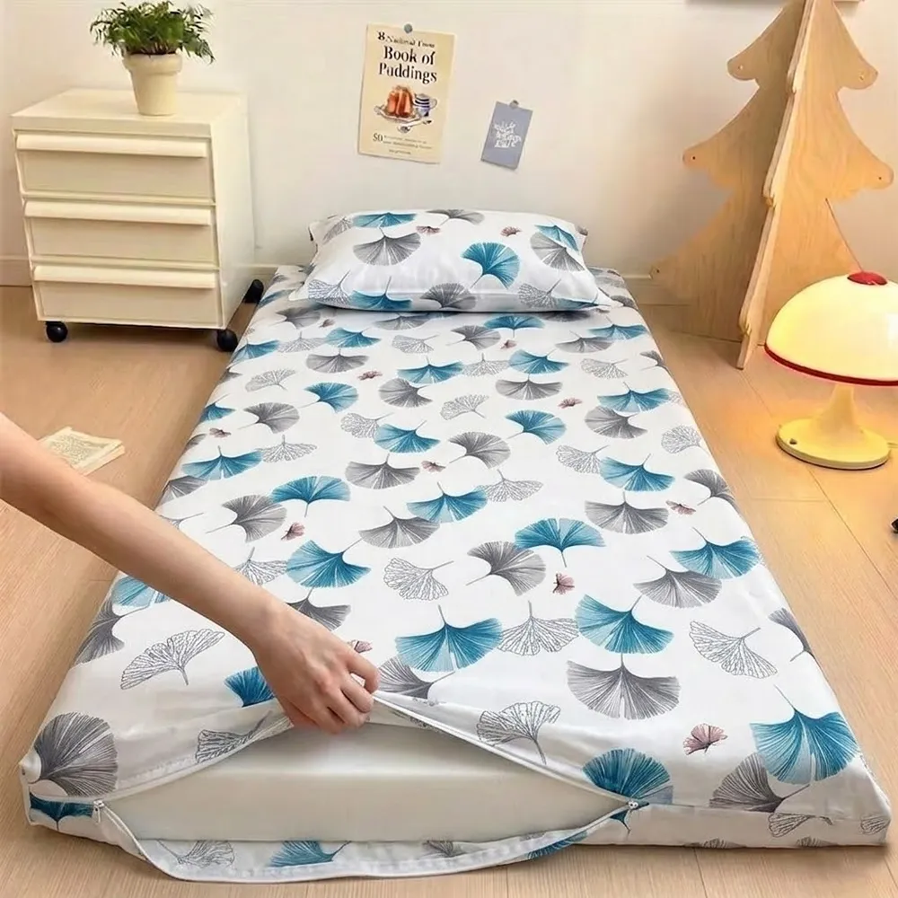 Zipper Closure Single Bedsheet With Matching Pillow Quality Fabric Fitted Sheet Cover - 100x200
