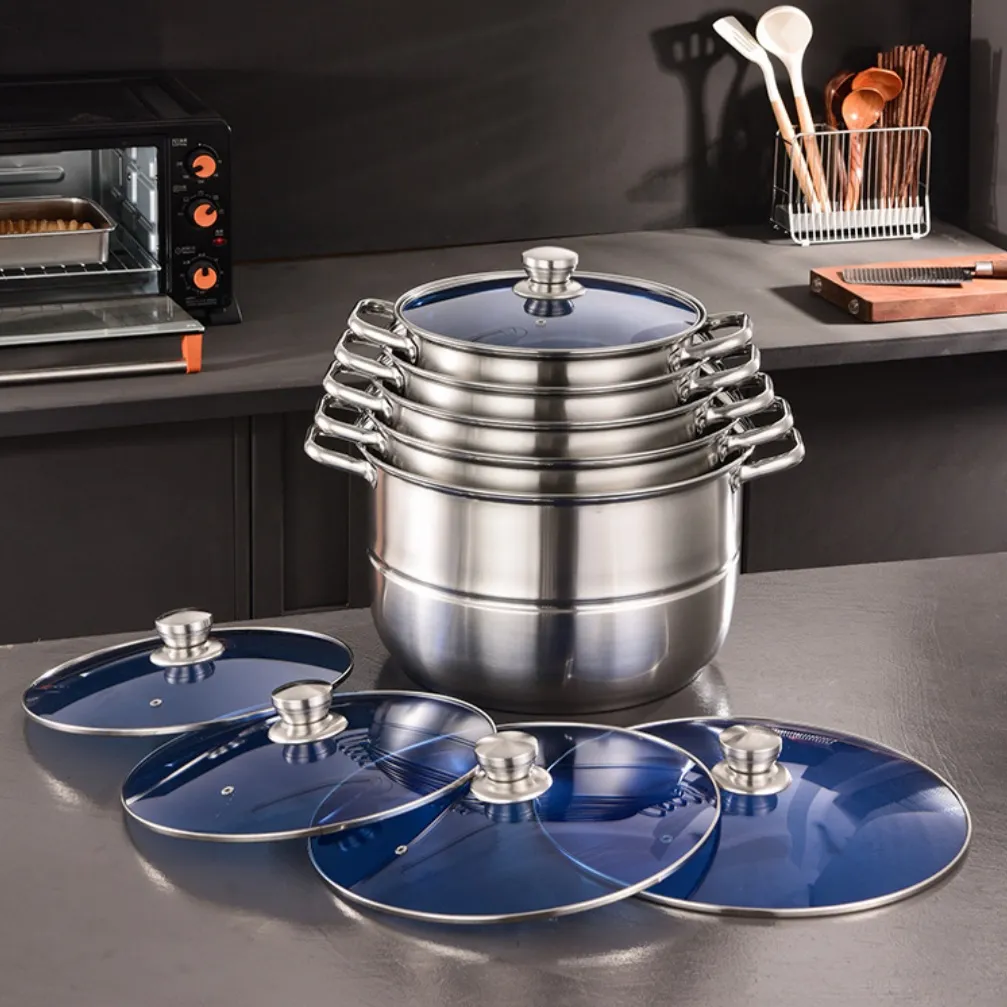 Stainless Steel Soup Pot 11 Piece Set Large Capacity Stackable Cookware Set