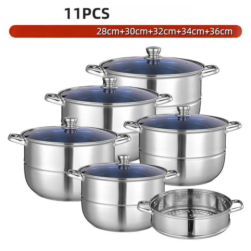 Stainless Steel Soup Pot 11 Piece Set Large Capacity Stackable Cookware Set