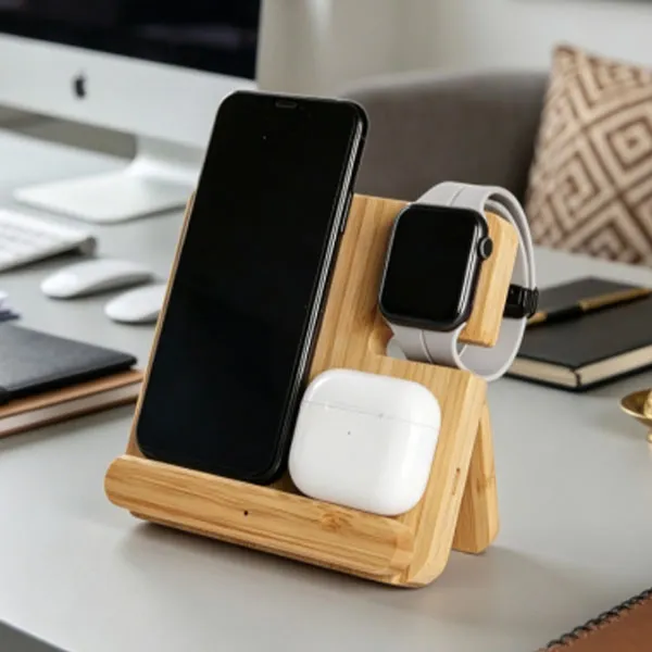 Bamboo 3-in-1 Wood Wireless Charger For Phone And Watch, And Earbuds Stand