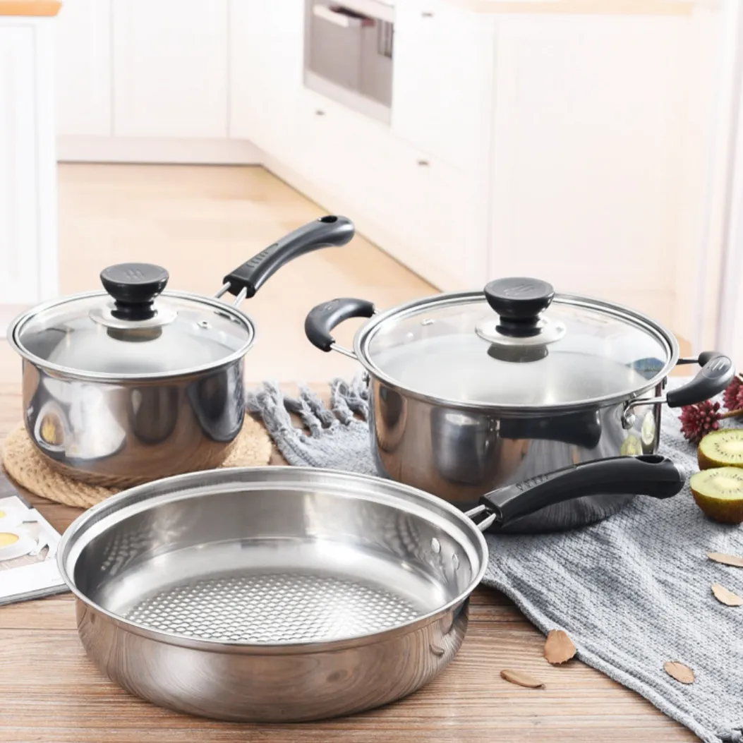 3 Piece Stainless Steel Cookware Household Thickened Frying Pan Milk Pan Everyday Essentials