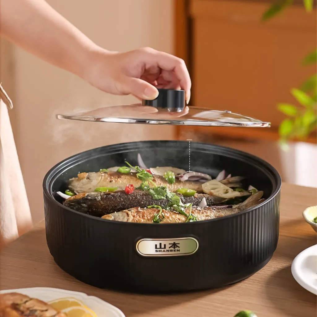 Electric Cookware Korean Style Non Stick Multi Use Deep Barbecue Pan Maker With Glass Lid