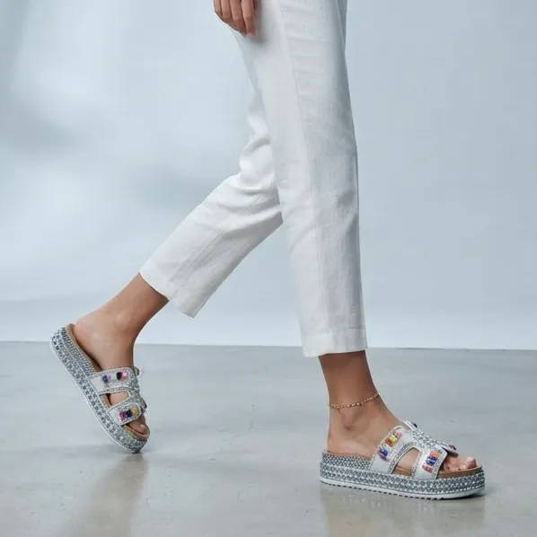 New Summer Fashion Women Rhinestone Beaded Comfort Slide Sandals