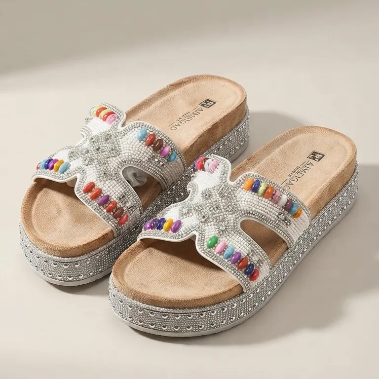 New Summer Fashion Women Rhinestone Beaded Comfort Slide Sandals