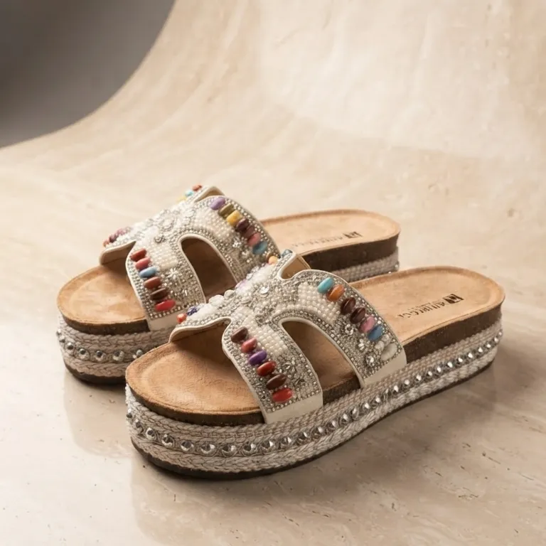 New Summer Fashion Women Rhinestone Beaded Comfort Slide Sandals