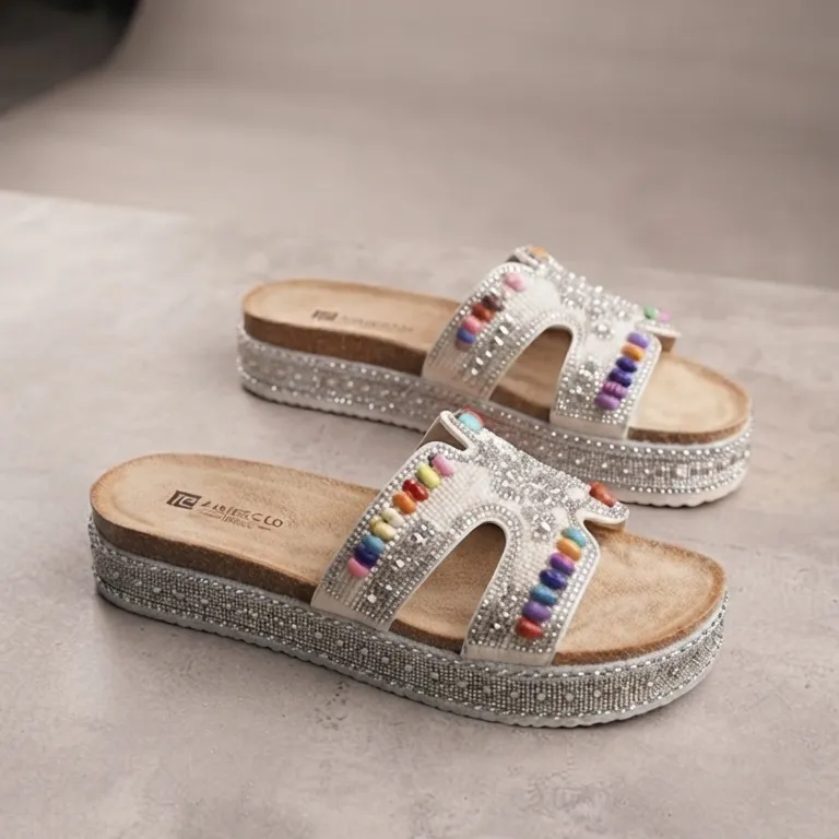 New Summer Fashion Women Rhinestone Beaded Comfort Slide Sandals