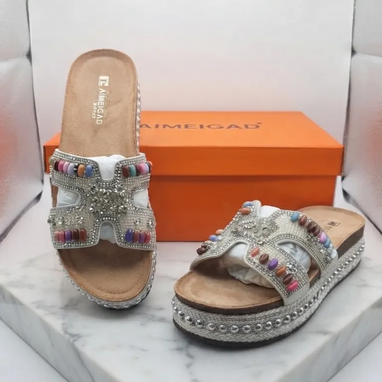 New Summer Fashion Women Rhinestone Beaded Comfort Slide Sandals