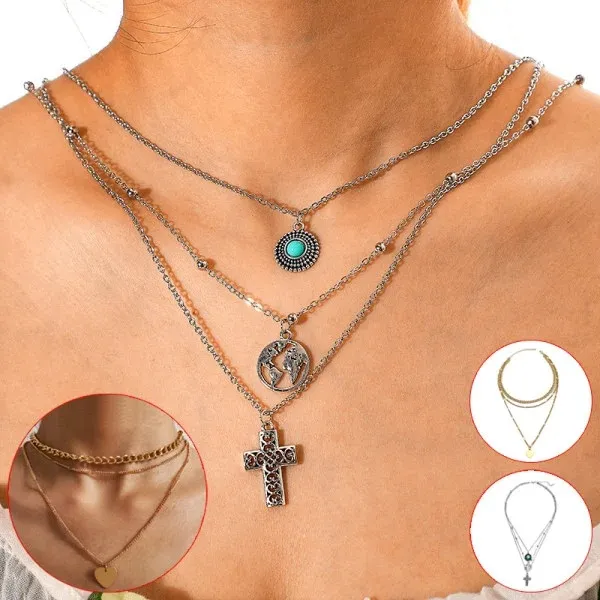 Six Pieces Multi Layered Bohemian Style Pendant Necklace Set