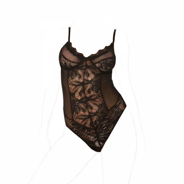Lace Floral Slim Fit Bodysuit Nightwear for Women in Black Polyester