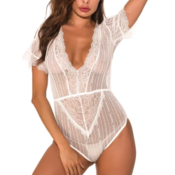 Mesh Texture Design Slim Fit See Through Tassel Sexy Night Wear Bodysuit - White Color