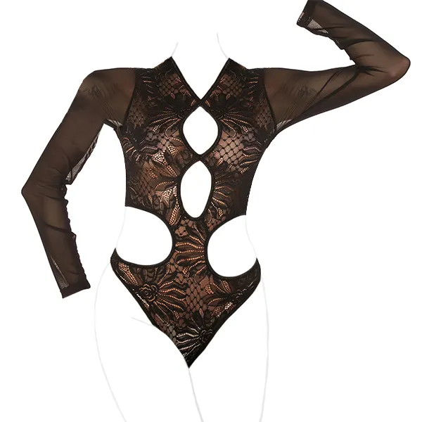 Floral Breathable Hollow Cut Design Lace Sexy Wear Bodysuit For Women - Black