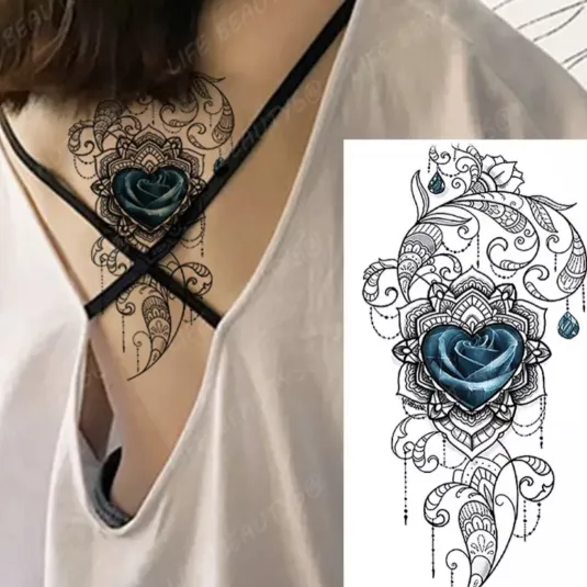 Heart Floral Print Skin Friendly Easy Pasting Tattoo - Blue