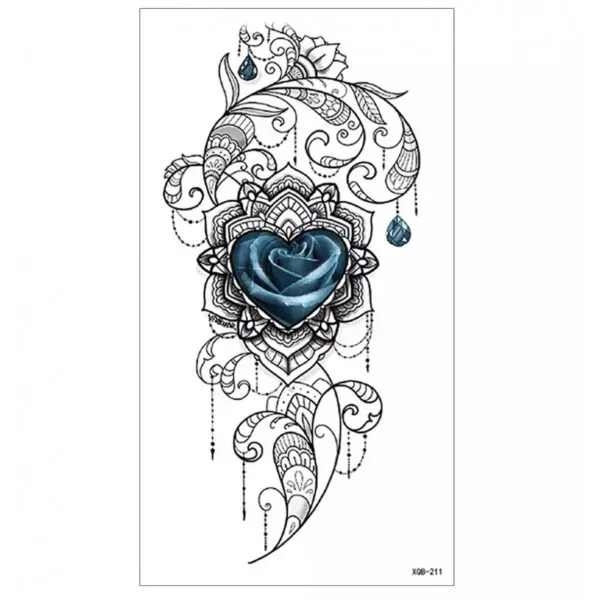 Heart Floral Print Skin Friendly Easy Pasting Tattoo - Blue