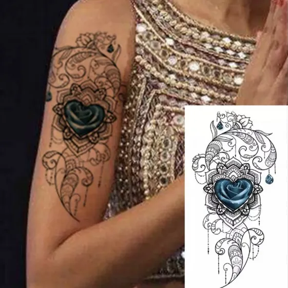 Heart Floral Print Skin Friendly Easy Pasting Tattoo - Blue