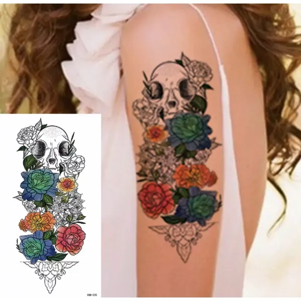 Skull Floral Print Non Toxic Skin Friendly Easy Pasting Tattoo - Multicolor